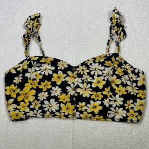 Floral Smocked Ruffle Cami Crop Top XL Black Yellow Daisy Coquette Mimi Chica